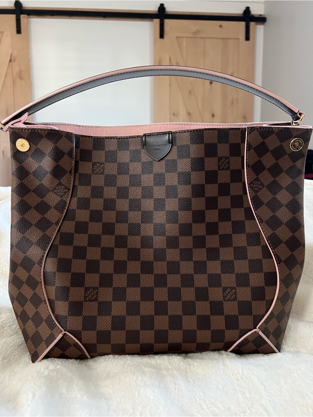 Louis Vuitton Damier Ebene Cassias Hobo Bag with blush pink interior